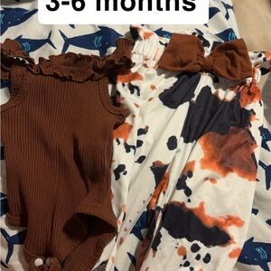 Brown Ruffle Onesie and Patterned Pants Set